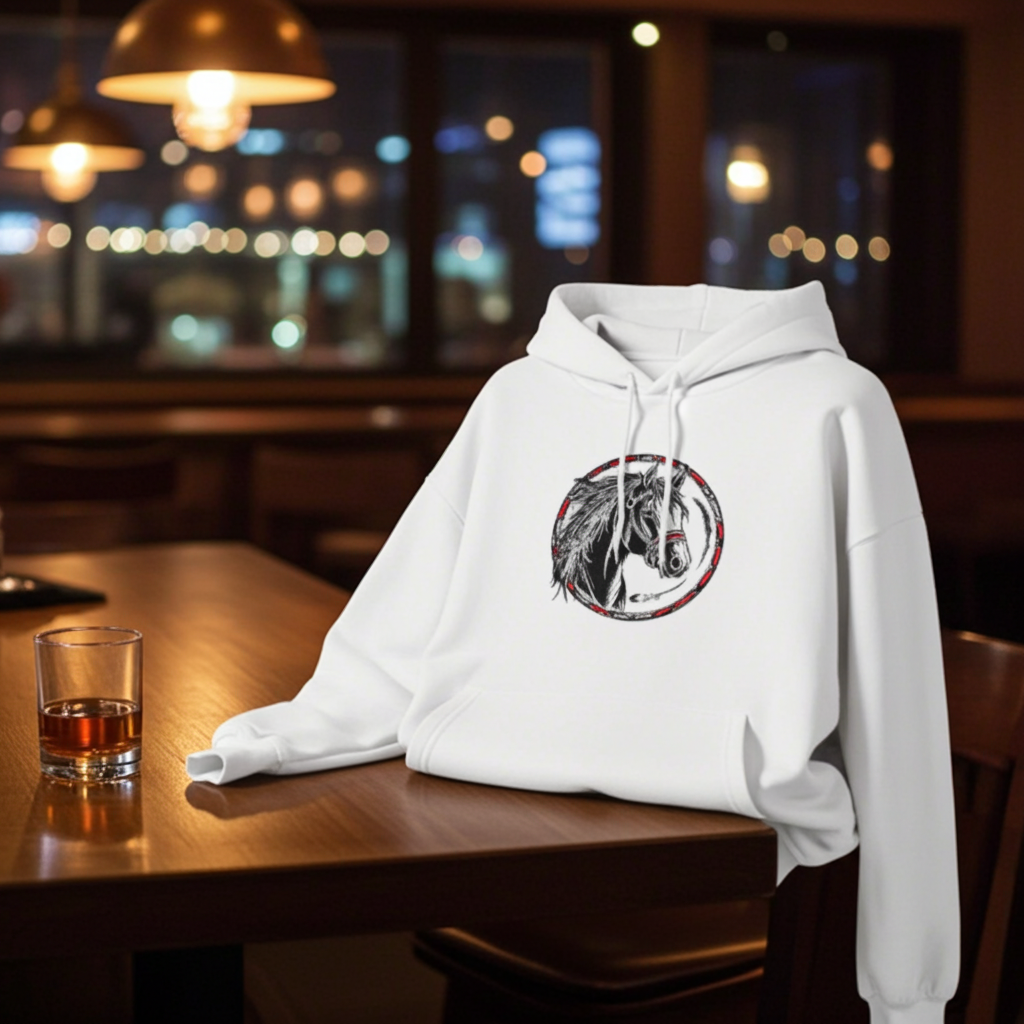 White unisex pullover hoodie with free spirit horse emblem embroidery in black and red circle design, styled on wooden table in cozy cafe with warm lights.
