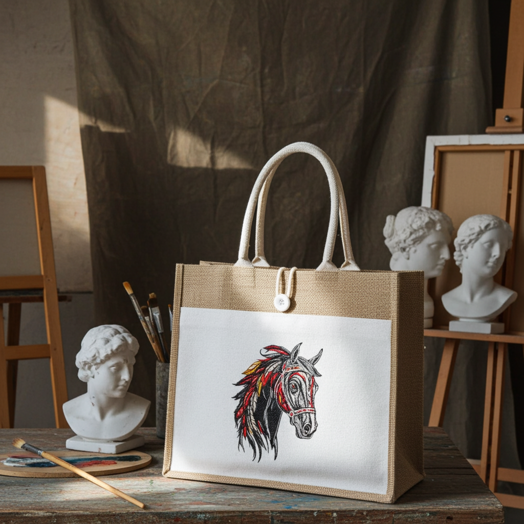 Jute tote bag with Free Spirit horse head embroidery in black and red, styled on table in art studio with paint brushes and sculpture busts.