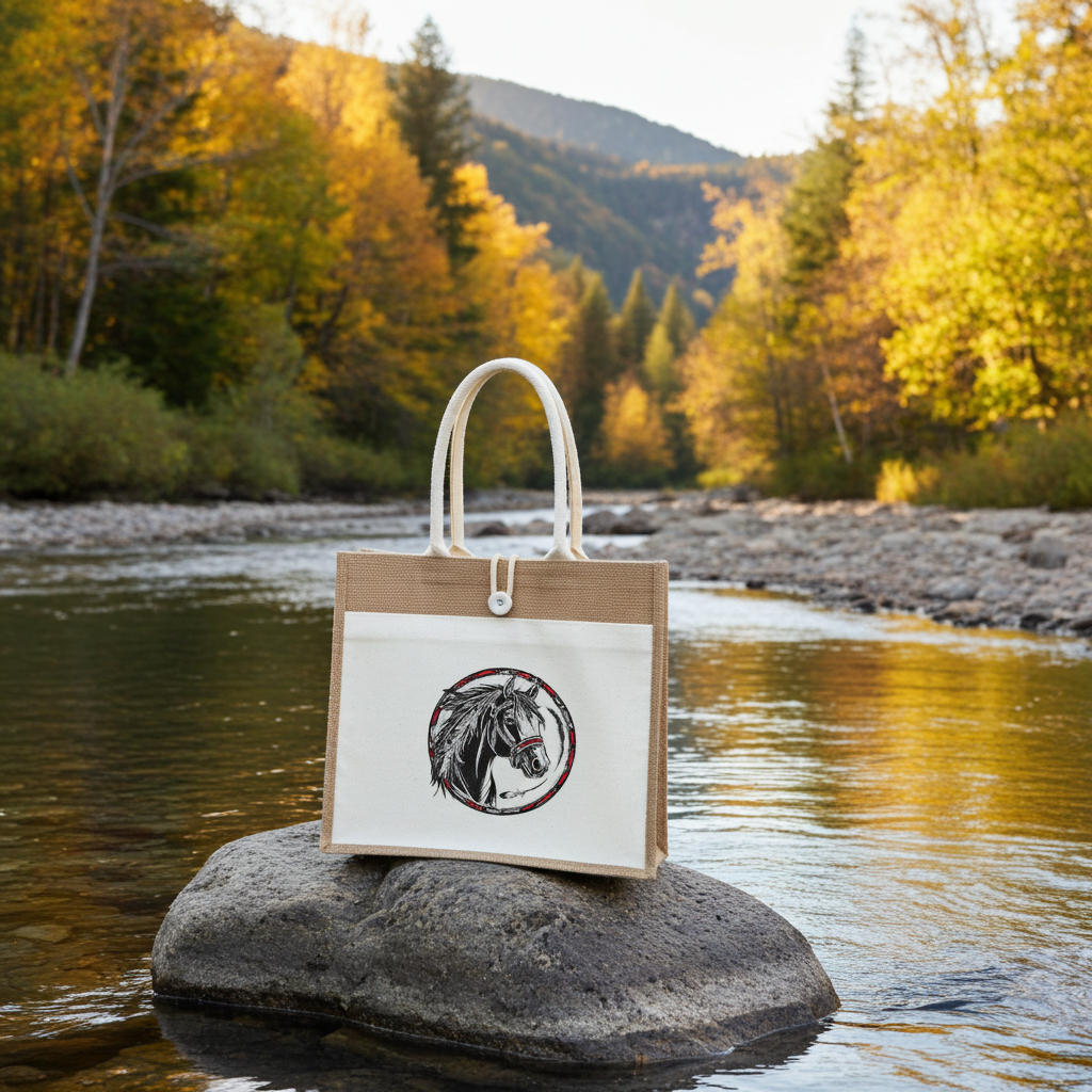 Jute beach tote bag with Free Spirit horse emblem embroidery in black and red circle design, standing on rock in river with autumn forest background.