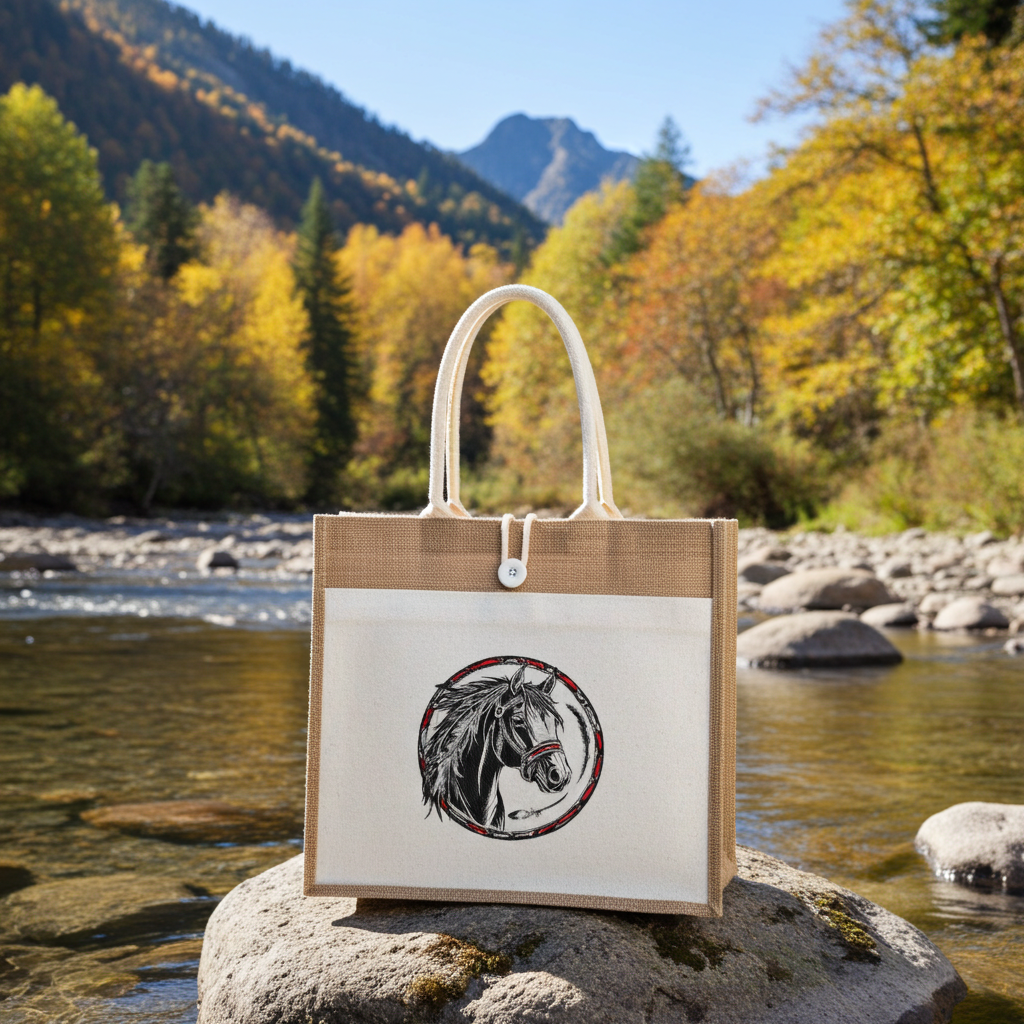 Jute beach tote bag with Free Spirit horse emblem embroidery in black and red circle design, standing on rock in river with autumn forest background.
