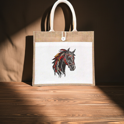 Jute tote bag with Free Spirit horse head embroidery in black and red, standing on wooden table with warm light and neutral background.
