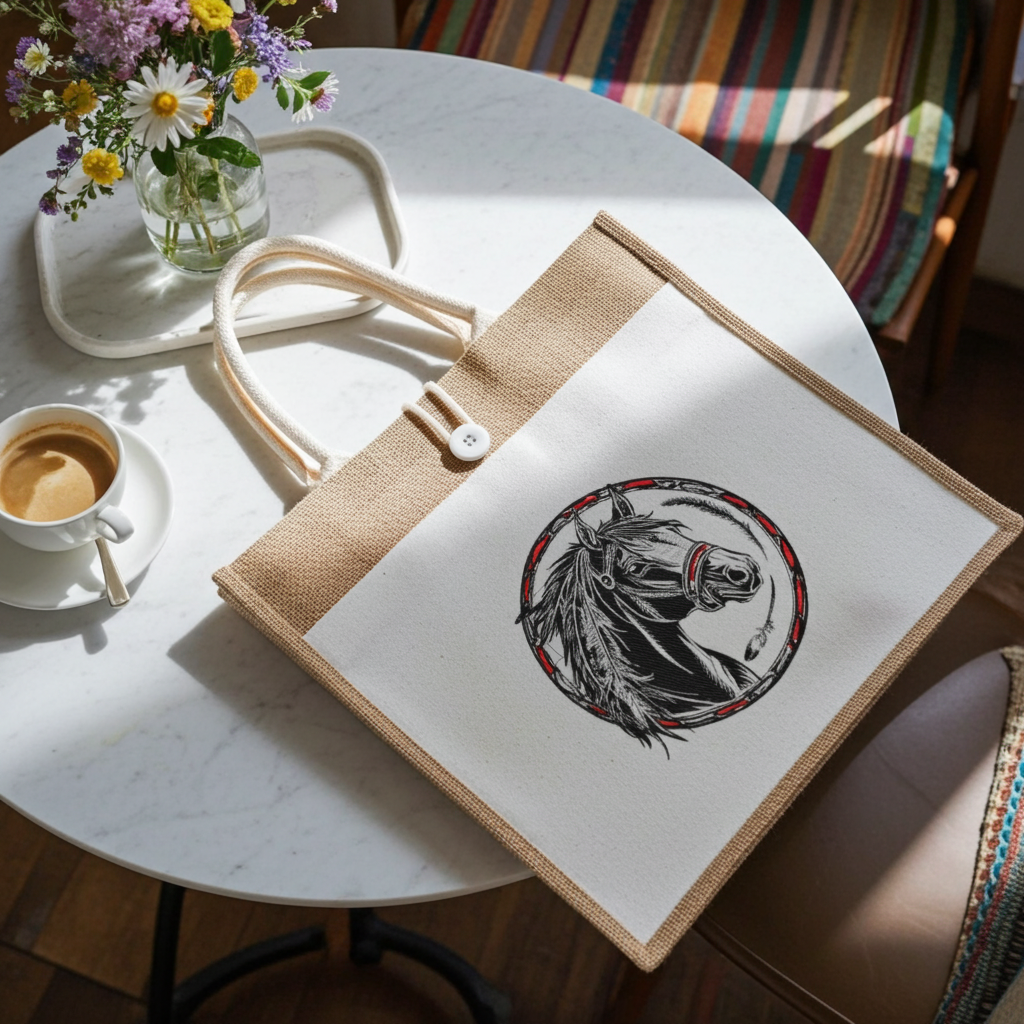 Jute tote bag with Free Spirit horse emblem embroidery in black and red circle design, styled on round table with coffee cup and flowers in cozy interior.