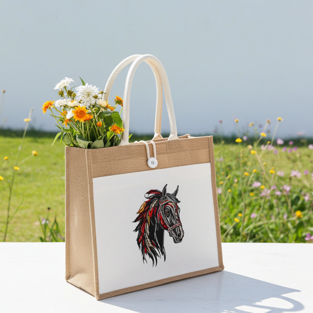 Jute tote bag with Free Spirit horse head embroidery in black and red, filled with wildflowers and photographed outdoors in a sunny meadow.