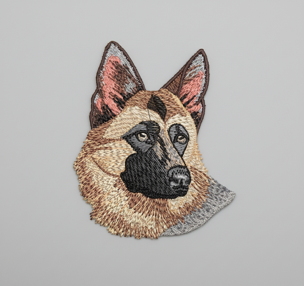 Embroidered patch of a German Shepherd dog's head on a grid background