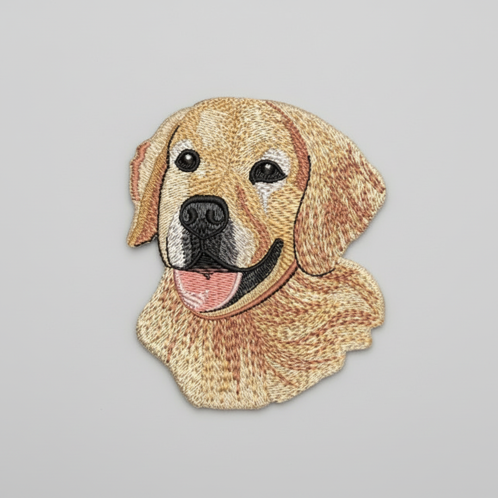Embroidered design of a Golden Retriever dog's face on a grid background
