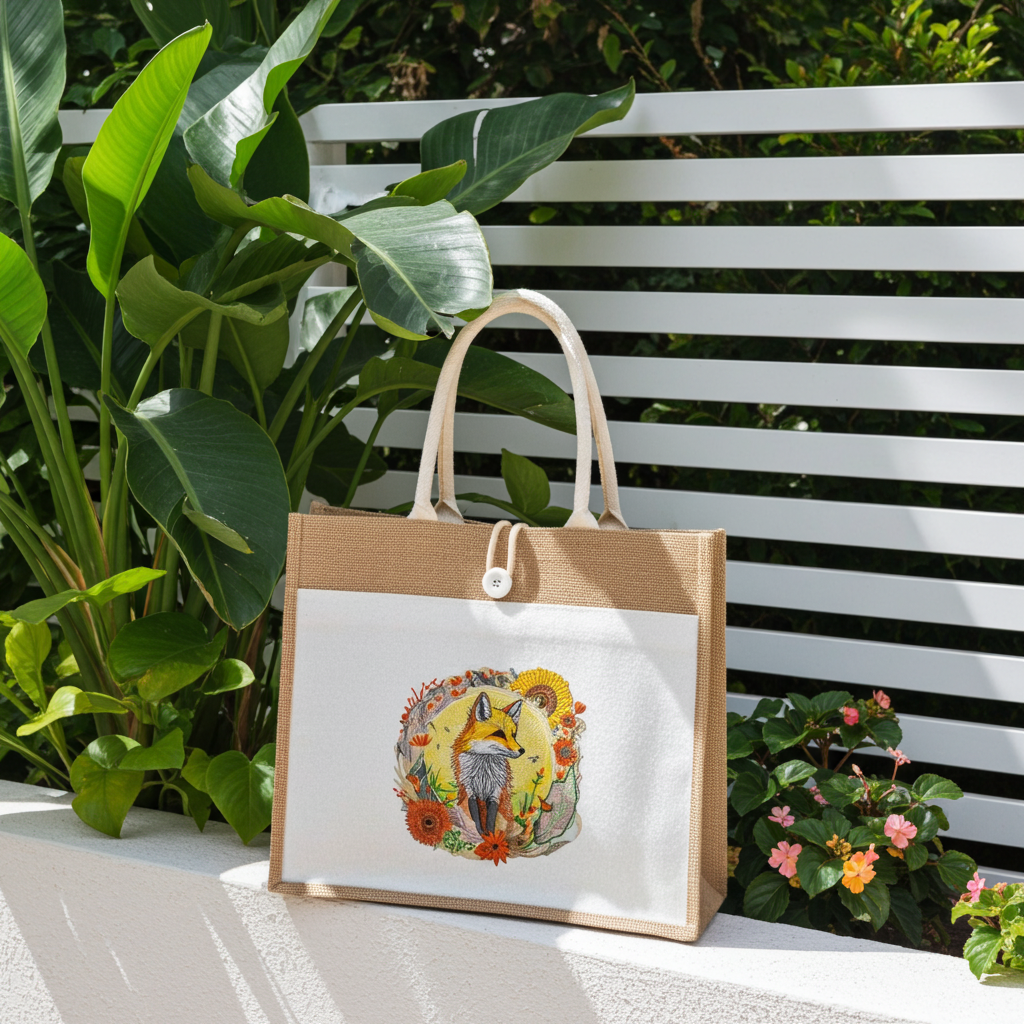 Natural jute tote handbag featuring a golden sun fox embroidery design, displayed outdoors on a ledge with lush green tropical plants and a white slatted backdrop.