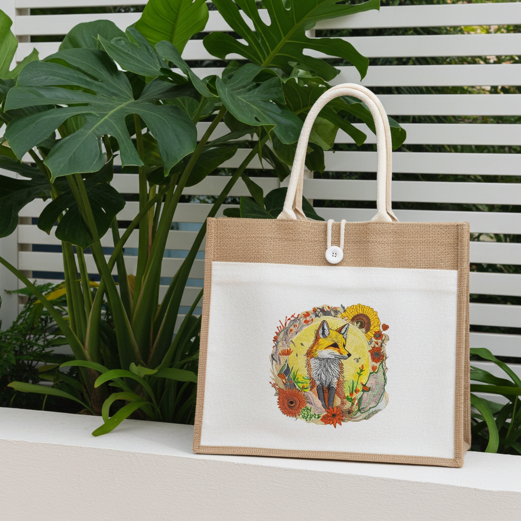 Natural jute tote handbag featuring a golden sun fox embroidery design, displayed outdoors on a ledge with lush green tropical plants and a white slatted backdrop.