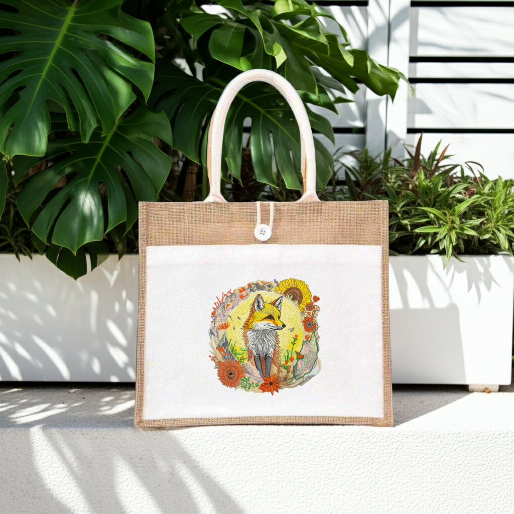 Natural jute tote handbag featuring a golden sun fox embroidery design, displayed outdoors on a ledge with lush green tropical plants and a white slatted backdrop.