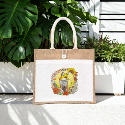 Natural jute tote handbag featuring a golden sun fox embroidery design, displayed outdoors on a ledge with lush green tropical plants and a white slatted backdrop.