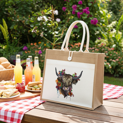 Natural jute tote handbag featuring a highland cow with floral embroidery design, styled on a picnic table with snacks and juice, with sunflowers and garden flowers in the background.