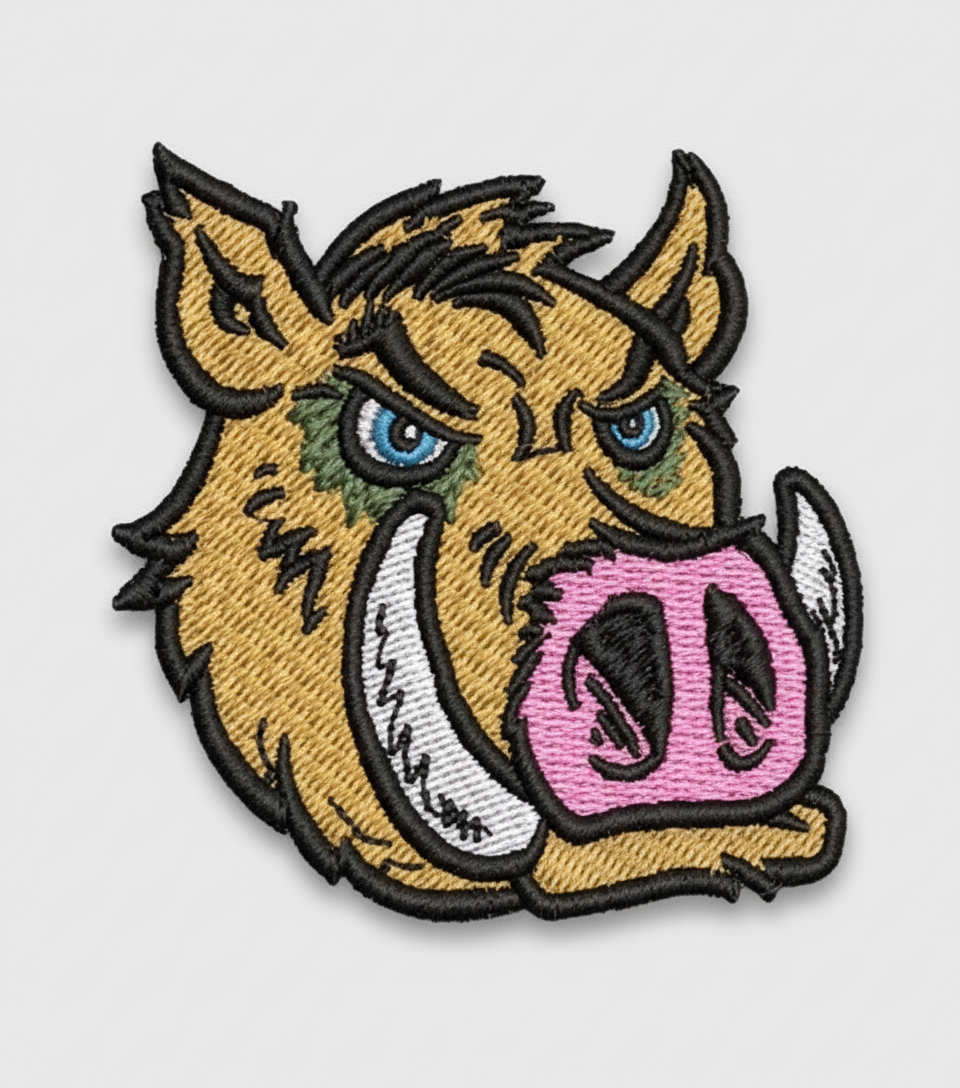 Embroidered patch of a Hog's head on white  grid background