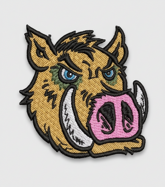 Embroidered patch of a Hog's head on white  grid background