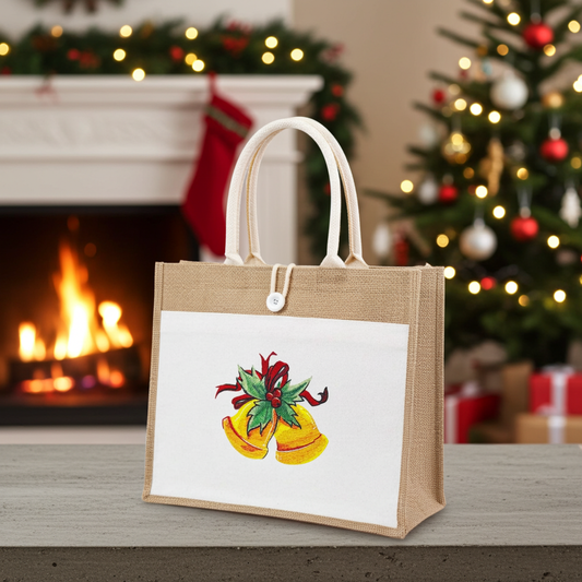 Natural jute tote bag featuring holiday bells with holly and ribbon embroidery design, styled indoors with a Christmas tree and lit fireplace in the background.
