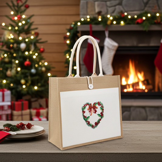 Natural jute tote bag featuring a holly heart wreath with bow embroidery design, styled indoors with a decorated Christmas tree and a lit fireplace in the background.
