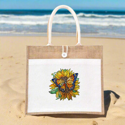 Golden Hour Blooms: Sunflower & Butterfly Embroidered Jute Tote – Where Earth Meets Elegance