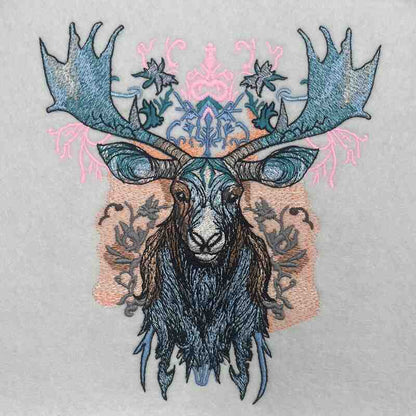 Crowned Wilderness: Ornate Moose Head Embroidered Jute Tote – Regal Craft Meets Earth’s Elegance