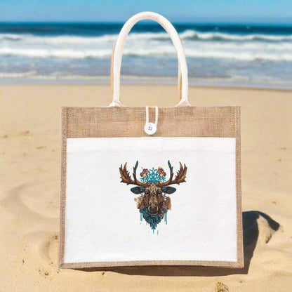 Wilderness Wanderer: Versatile Moose Embroidered Jute Tote