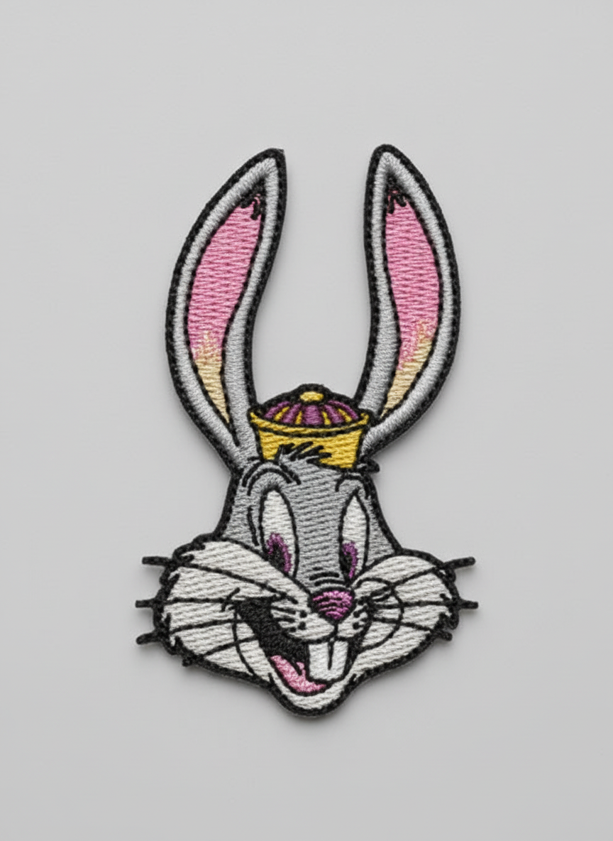 Embroidery design of a cartoon rabbit with a crown on a grid background