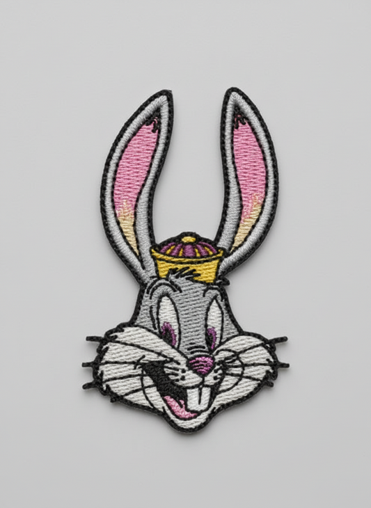 Embroidery design of a cartoon rabbit with a crown on a grid background