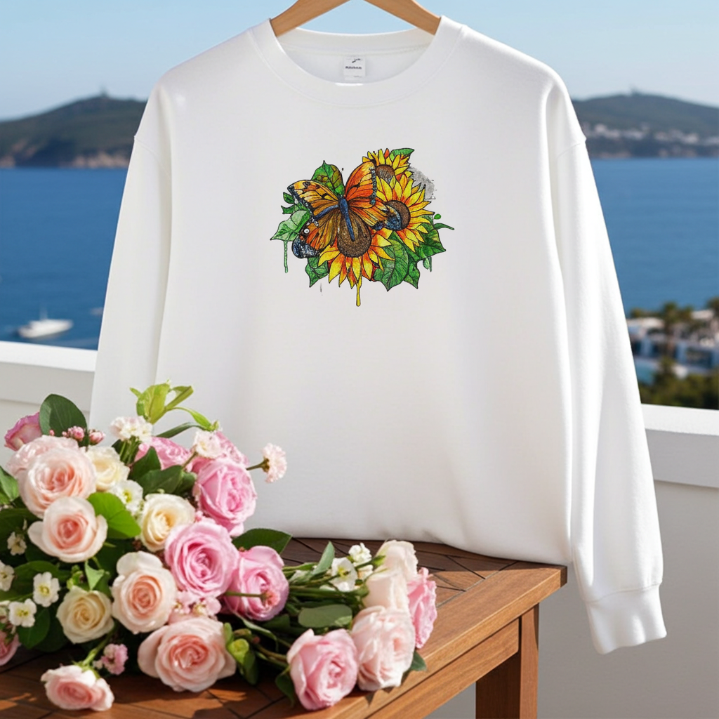 White sweatshirt hanging on a wooden table on a balcony overlooking the sea, featuring colorful butterfly and sunflower embroidery on the chest, with a bouquet of pink and cream roses nearby