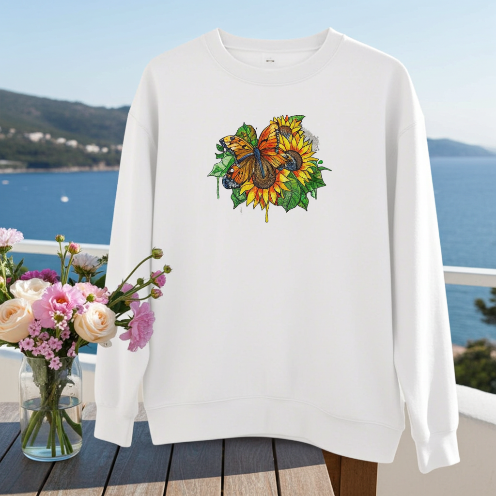 White sweatshirt hanging on a wooden table on a balcony overlooking the sea, featuring colorful butterfly and sunflower embroidery on the chest, with a bouquet of pink and cream roses nearby