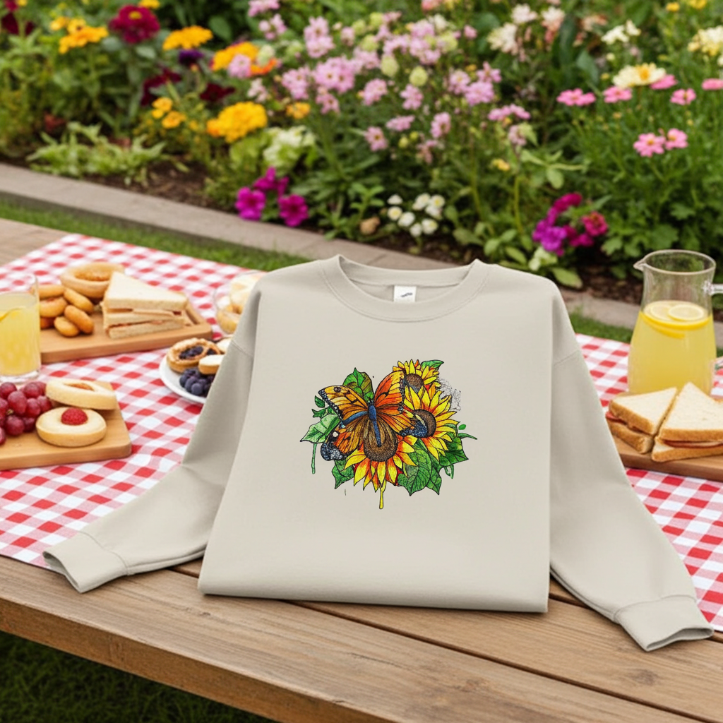 Mint green sweatshirt displayed on an outdoor picnic table, featuring colorful butterfly and sunflower embroidery on the chest, with picnic snacks and drinks on a red checkered tablecloth and a flower garden in the background