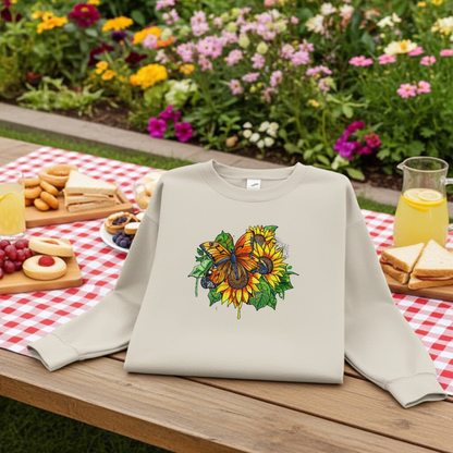 Mint green sweatshirt displayed on an outdoor picnic table, featuring colorful butterfly and sunflower embroidery on the chest, with picnic snacks and drinks on a red checkered tablecloth and a flower garden in the background