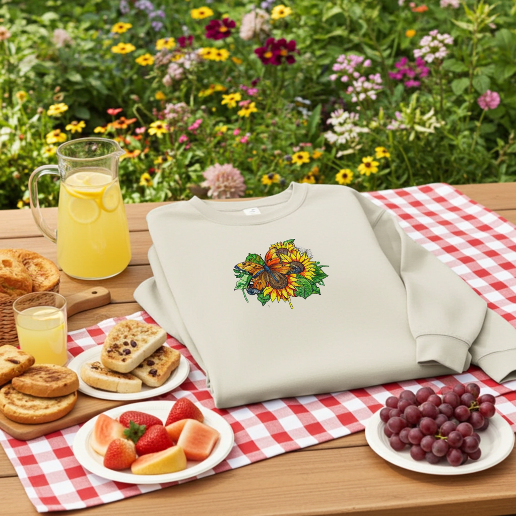 Mint Green sweatshirt displayed on an outdoor picnic table, featuring colorful butterfly and sunflower embroidery on the chest, with picnic snacks and drinks on a red checkered tablecloth and a flower garden in the background