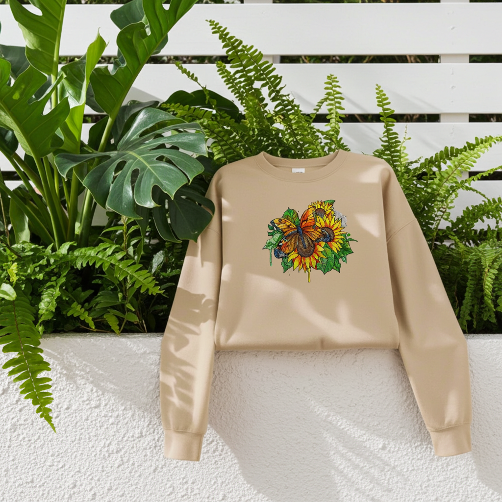 Soft beige sweatshirt hanging outdoors on a white balcony railing, featuring colorful butterfly and sunflower embroidery on the chest, surrounded by lush green plants in terracotta pots