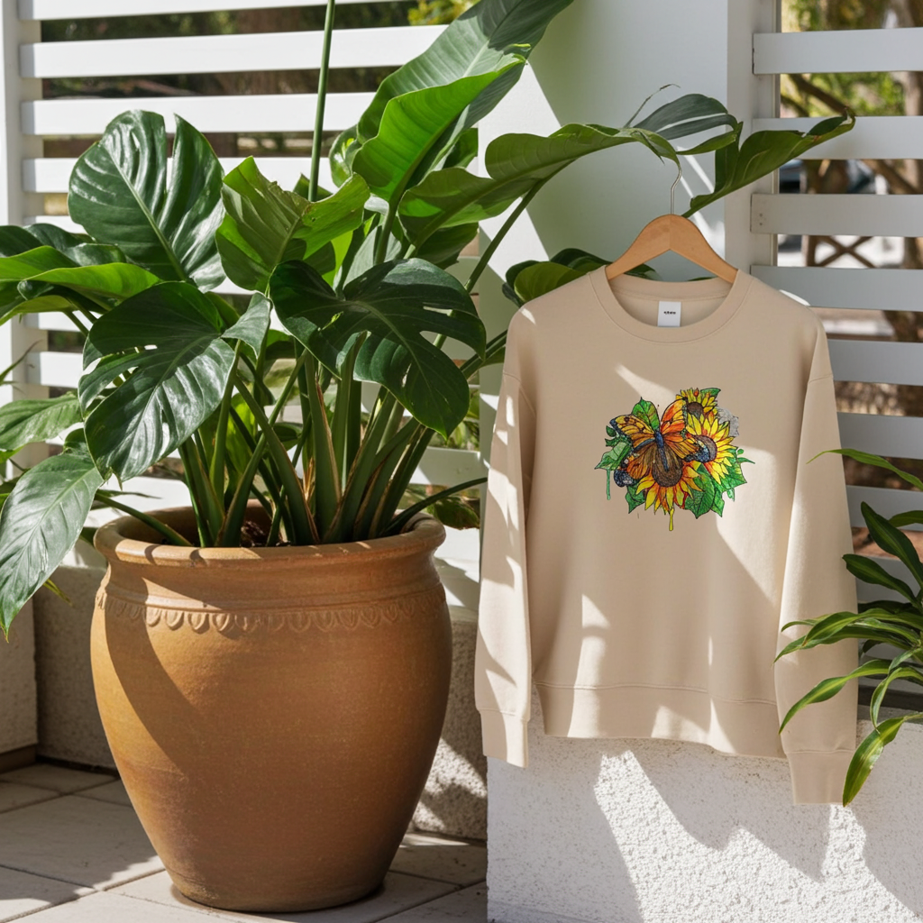 Soft beige sweatshirt hanging outdoors on a white balcony railing, featuring colorful butterfly and sunflower embroidery on the chest, surrounded by lush green plants in terracotta pots