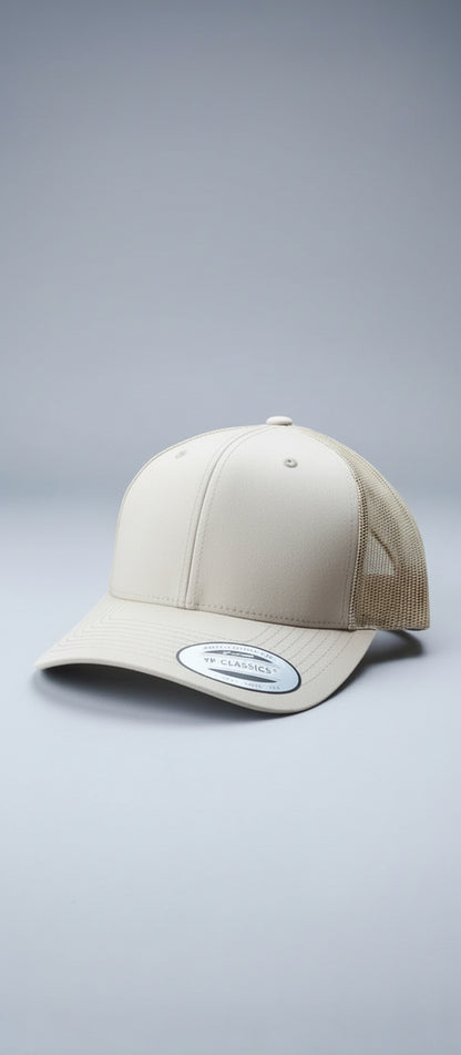 Beige cap on a mannequin head with a blurred background