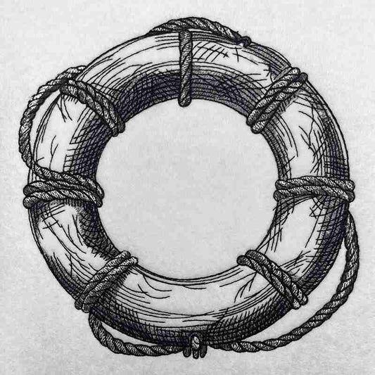 A black and white image of a lifebuoy with rope embroidery, symbolizing safety and rescue.
