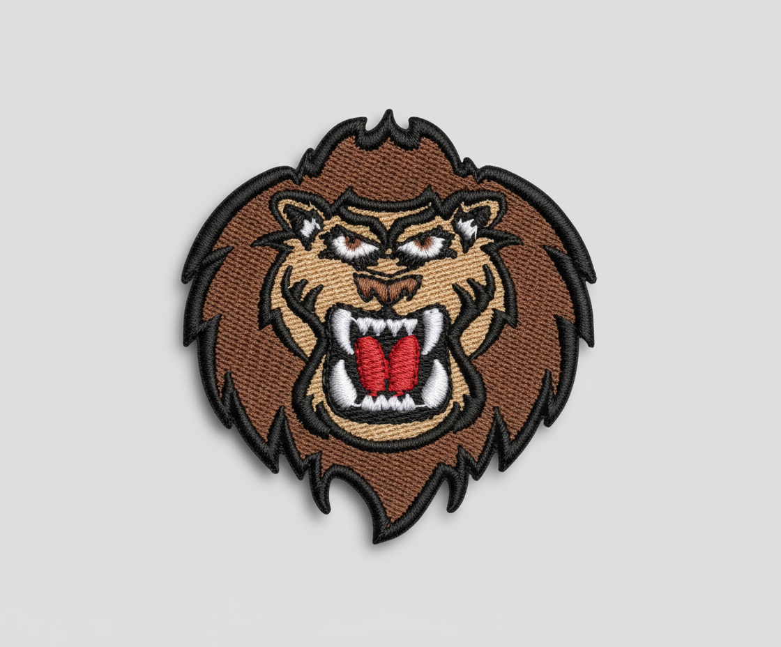 Embroidered patch of a lion's head with a fierce expression on a grid background