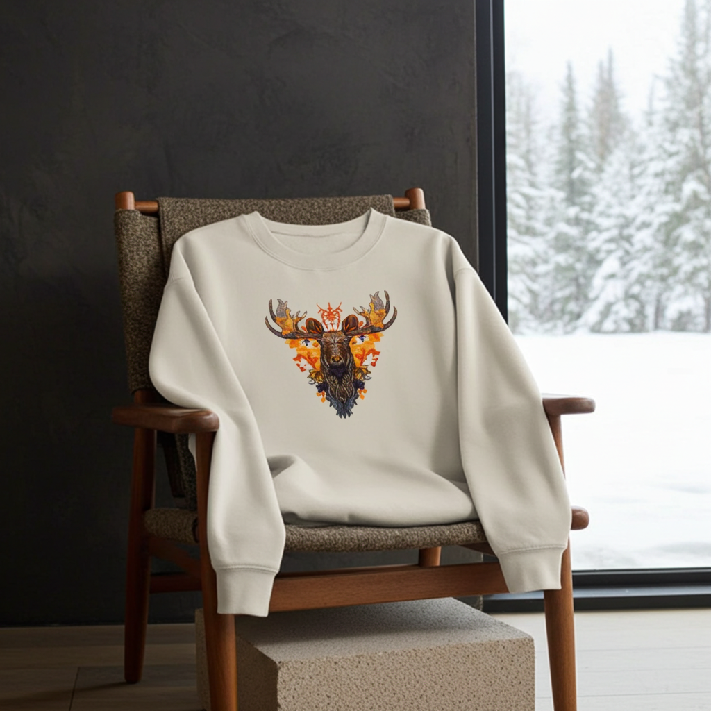 Beige sweatshirt draped on a wooden lounge chair in a cozy cabin-style room, featuring a majestic moose embroidery with warm autumn leaf accents on the chest, with a window and dark wall background