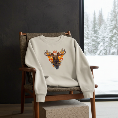Beige sweatshirt draped on a wooden lounge chair in a cozy cabin-style room, featuring a majestic moose embroidery with warm autumn leaf accents on the chest, with a window and dark wall background
