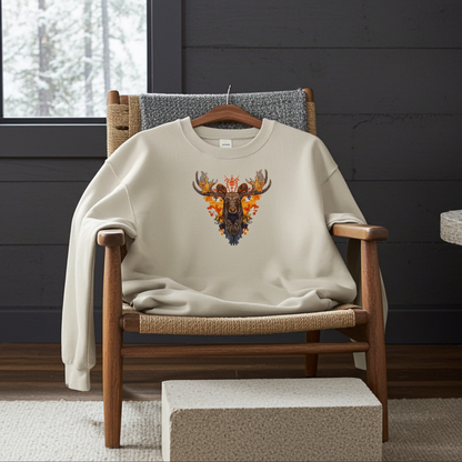 Beige sweatshirt draped on a wooden lounge chair in a cozy cabin-style room, featuring a majestic moose embroidery with warm autumn leaf accents on the chest, with a window and dark wall background