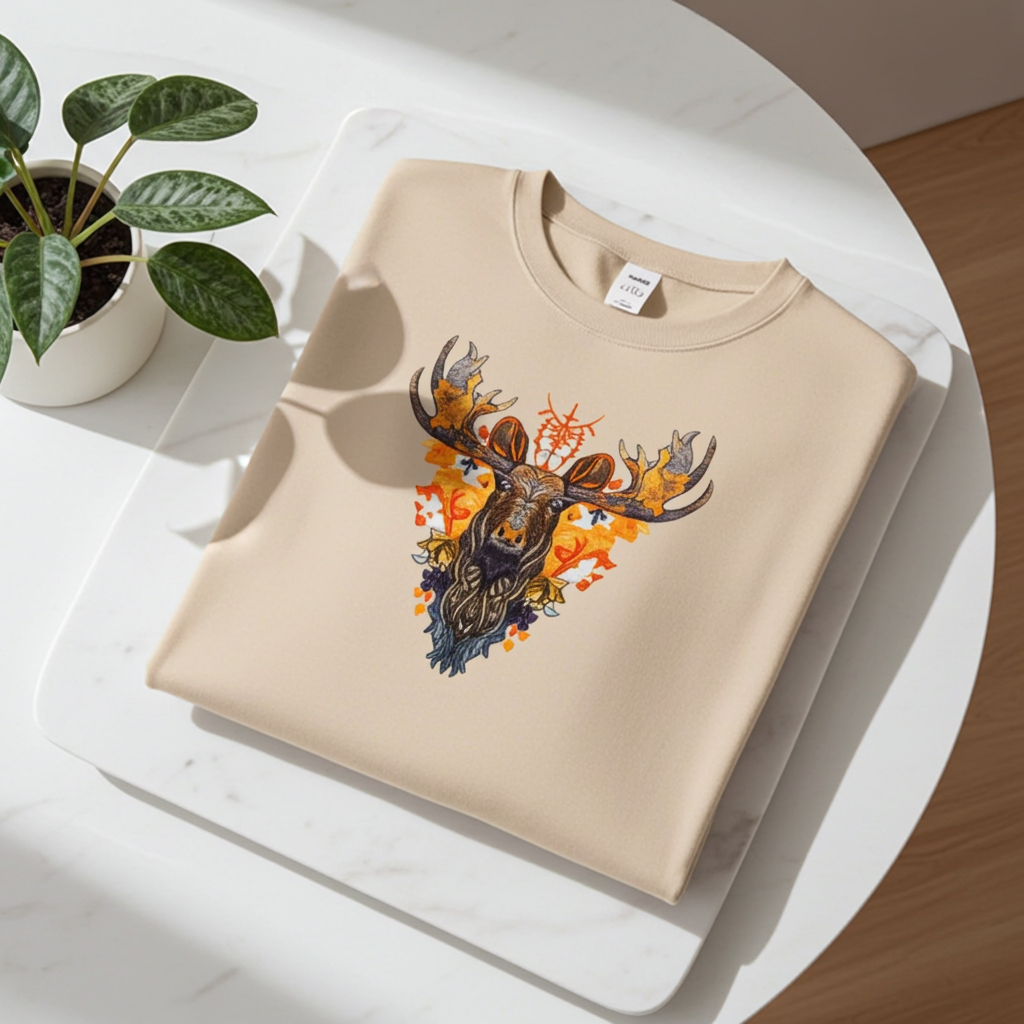 Beige sweatshirt folded on a white tray in natural sunlight, featuring a detailed moose embroidery with autumn leaves and warm orange accents, with a potted plant nearby