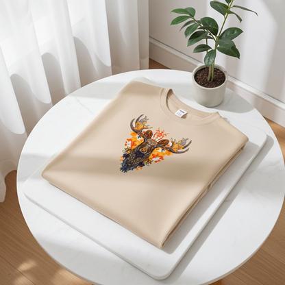 Beige sweatshirt folded on a white tray in natural sunlight, featuring a detailed moose embroidery with autumn leaves and warm orange accents, with a potted plant nearby