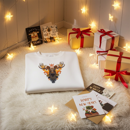 White sweatshirt folded on a fluffy rug with warm fairy lights, featuring a detailed moose embroidery with autumn leaves and orange accents, surrounded by wrapped gifts and holiday cards