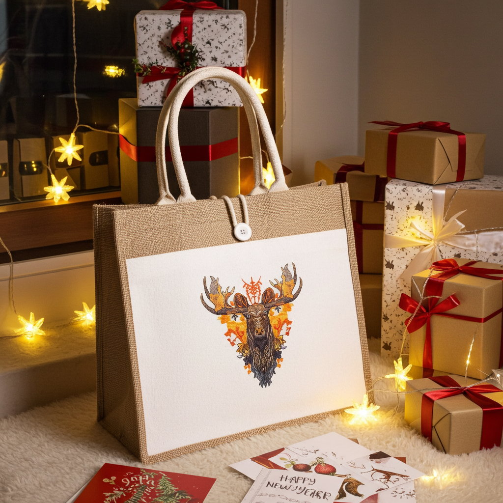 Natural jute tote handbag featuring a majestic autumn moose embroidery design, styled indoors with star string lights, wrapped gifts, and holiday cards on a cozy rug.