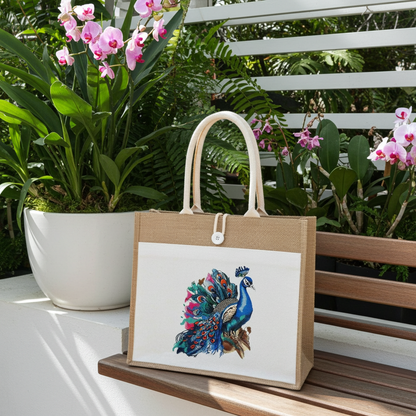 Natural jute tote handbag featuring a majestic peacock embroidery design, displayed outdoors on a wooden bench with orchids, lush green plants, and a white slatted backdrop.