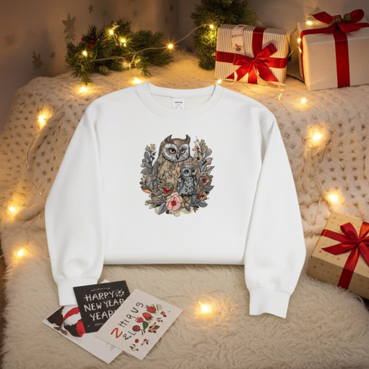 White sweatshirt laid flat on a fluffy rug with warm fairy lights, featuring a mama and baby owl embroidery surrounded by floral details, styled with wrapped gifts and holiday cards