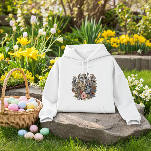 White premium hoodie with mama and baby owl embroidery surrounded by woodland flowers and leaves, styled outdoors in a spring garden with a basket of colorful eggs, original EmbroMania artwork.