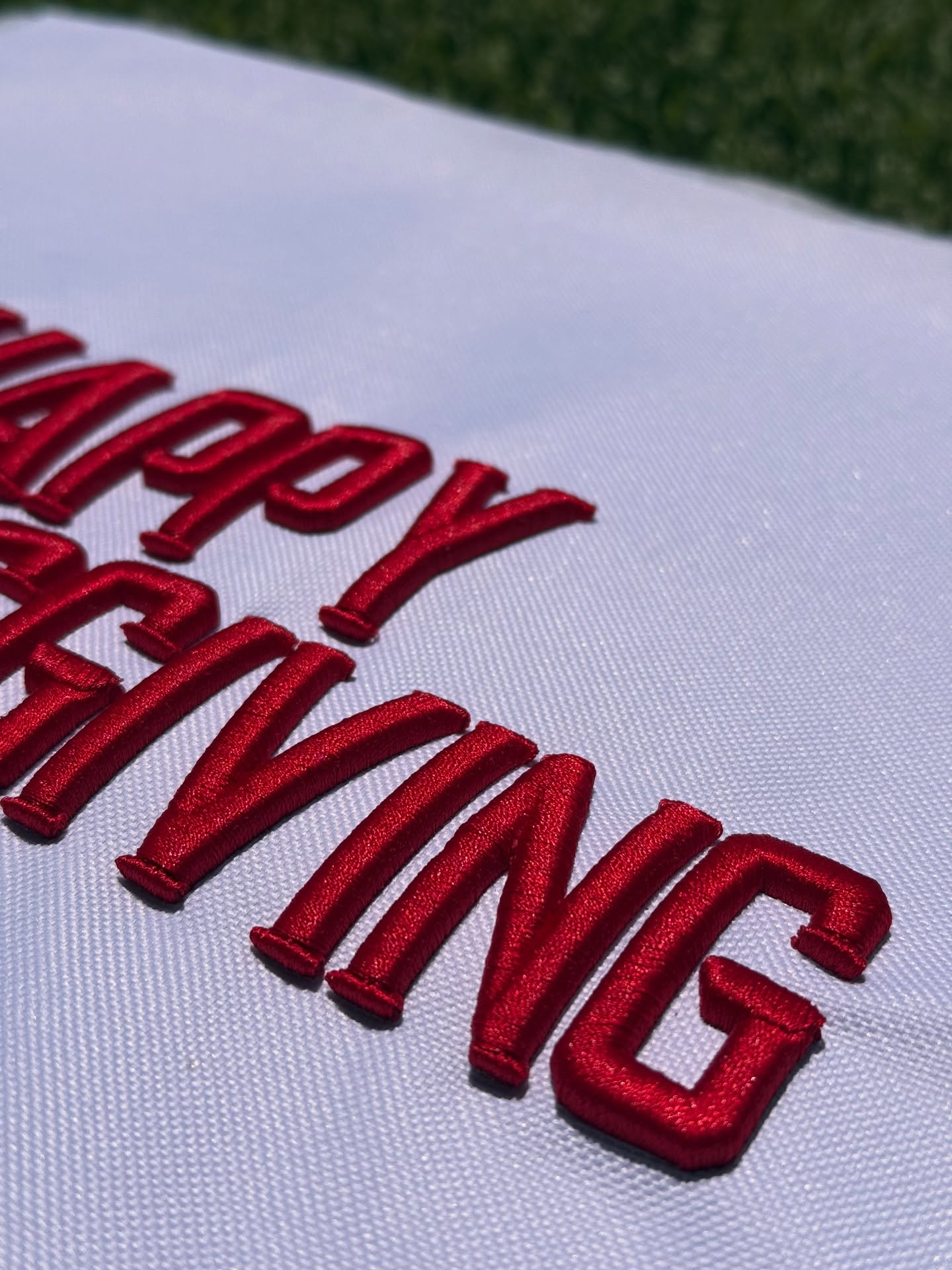 Red 'Happy Thanksgiving' text on a white background with grass in the background