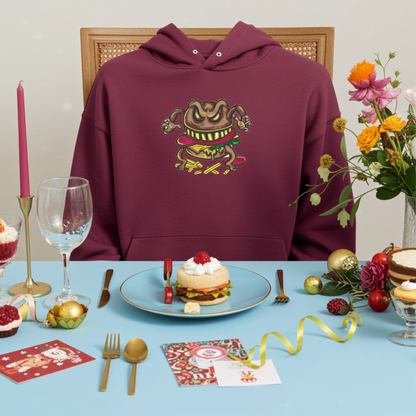 كنزة مطرزة بشعار "هيكس أوف ذا هانغري: كيرسد برجر" - إصدار "بوسيسد باتي" 🍔💀 | صناعة حرفية فردية