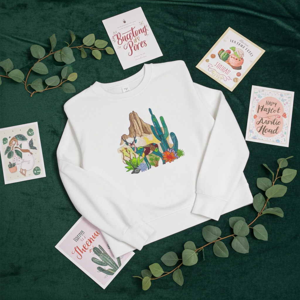 White sweatshirt laid flat on a dark green background with eucalyptus leaves and illustrated cards, featuring a geometric desert deer embroidery with cactus and rock details on the chest