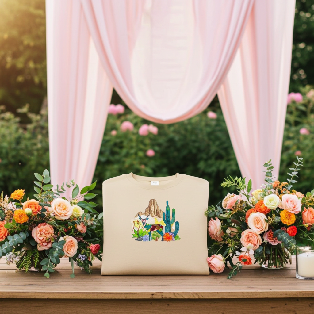 Khaki sweatshirt displayed on a wooden table outdoors with pink draped fabric, featuring a geometric desert deer embroidery with cactus and rock details, styled with peach rose bouquets and a candle holder