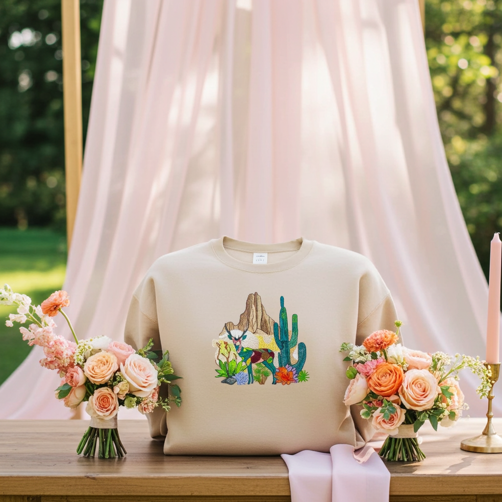 Khaki sweatshirt displayed on a wooden table outdoors with pink draped fabric, featuring a geometric desert deer embroidery with cactus and rock details, styled with peach rose bouquets and a candle holder