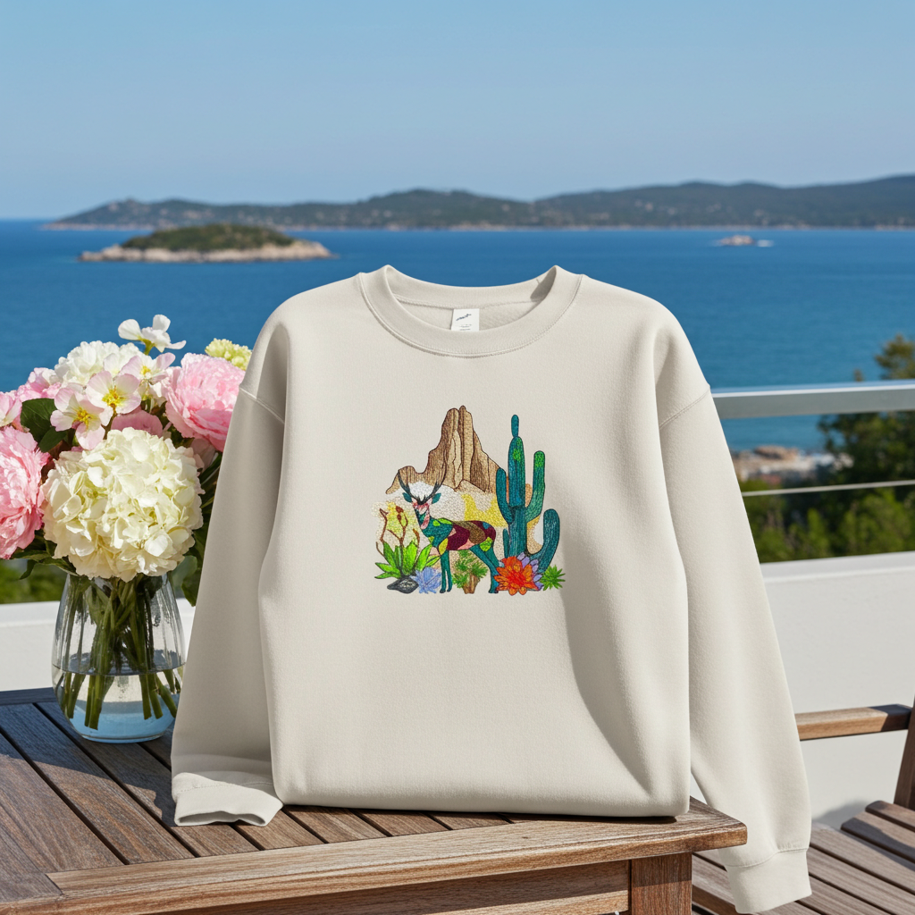 Mint green sweatshirt displayed on an outdoor table with ocean and mountain view, featuring a geometric desert deer embroidery with cactus and rock details, styled with vases of pink and white flowers in sunlight