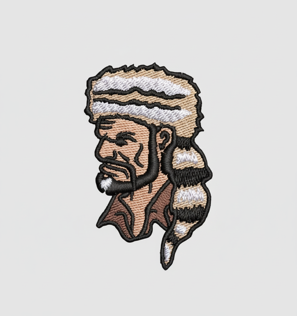 Embroidered patch of a Native American chief on a grid background